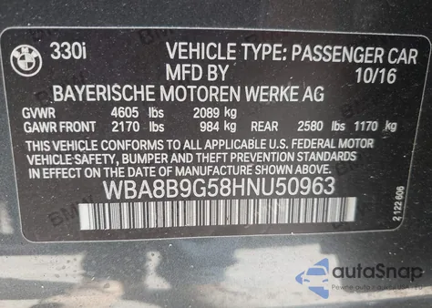 2017 BMW 330I from USA, damaged, VIN WBA8B9G58HNU50963